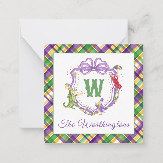 Watercolor Mardi Gras Plaid Animals Monogram Crest Note Card (Front)