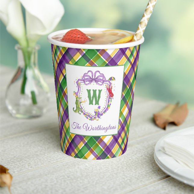 Watercolor Mardi Gras Plaid Animals Monogram Crest Paper Cups (Insitu)
