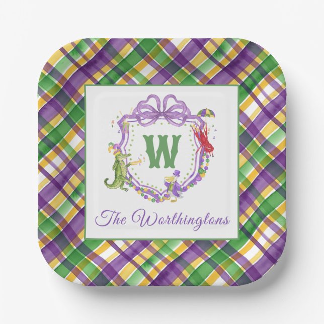 Watercolor Mardi Gras Plaid Animals Monogram Crest Paper Plates (Front)
