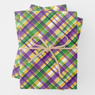 Watercolor Mardi Gras Plaid Wrapping Paper Sheets
