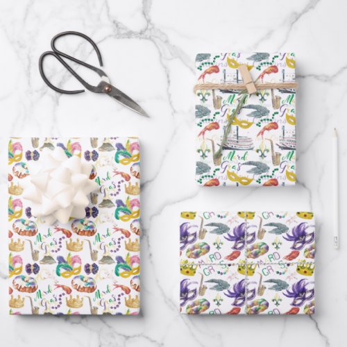 Watercolor Mardi Gras Themed Wrapping Paper Sheets