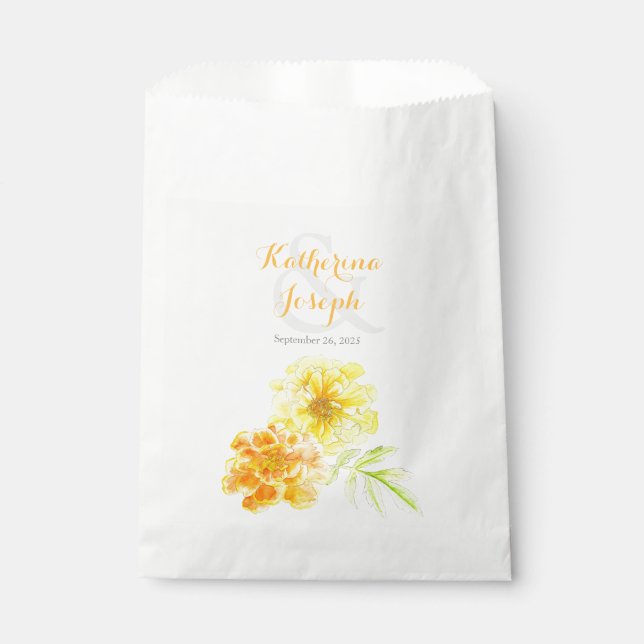 Watercolor marigold art wedding favor bag (Front)