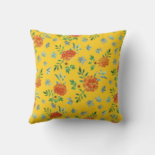 Watercolor Marigold Borage Flowers Gold Yellow Throw Pillow