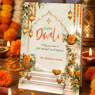 Watercolor Marigold Diya Personalized Happy Diwali Holiday Card