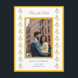 Watercolor marigold  Photo Save the Date Announcement Postcard<br><div class="desc">Cute Yellow and white Save the date postcard featuring watercolor marigold border with couples photo.</div>