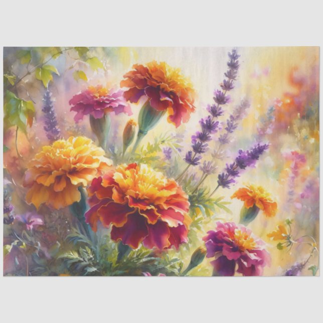 Watercolor Marigolds and Lavender Decoupage Tissue Paper (Front)