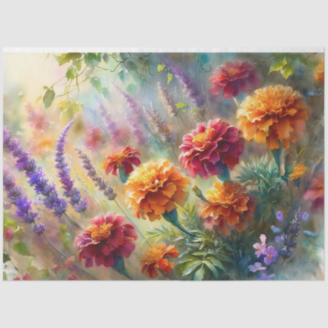 Watercolor Marigolds Lavender Garden Decoupage Tissue Paper (Front)