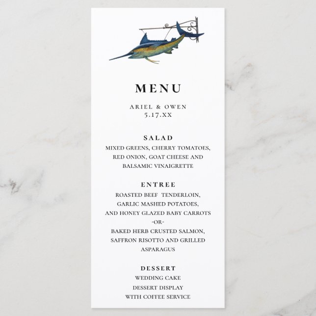 Watercolor Marlin Nautical Theme Wedding Menu (Front)