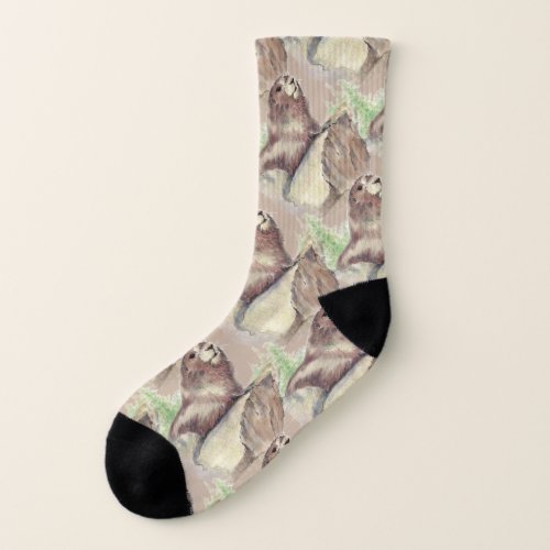 Watercolor Marmot Groundhog Animal Nature Art Socks