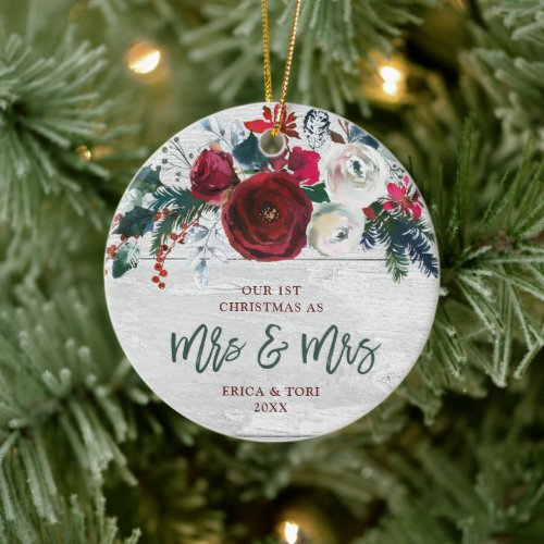 Watercolor Maroon Floral Personalized Mrs and Mrs Ceramic Ornament