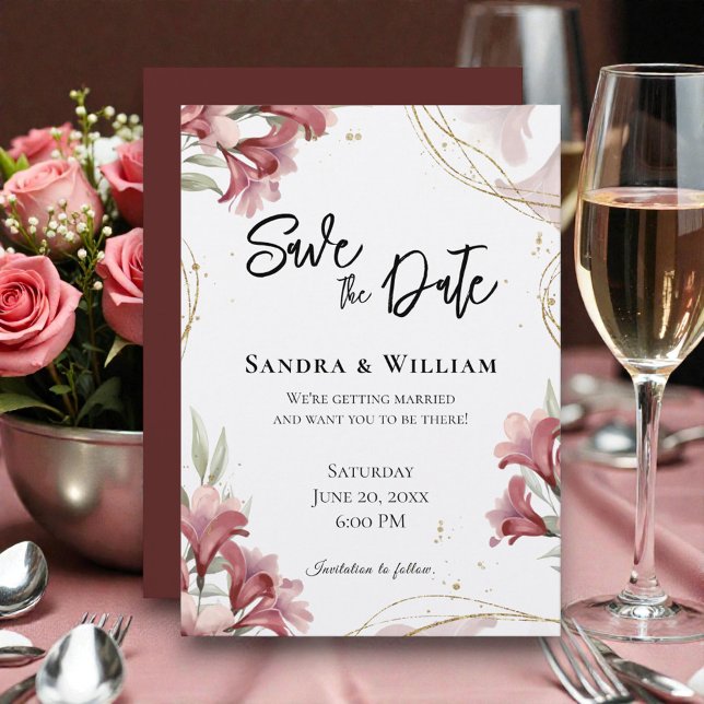 Watercolor Maroon Floral Wedding Save the Date Invitation (Creator Uploaded)