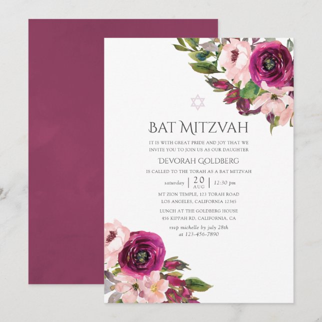 Watercolor Marsala and Blush Floral Bat Mitzvah Invitation (Front/Back)
