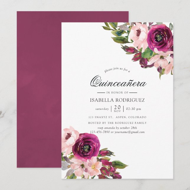 Watercolor Marsala and Blush Floral Quinceañera Invitation (Front/Back)