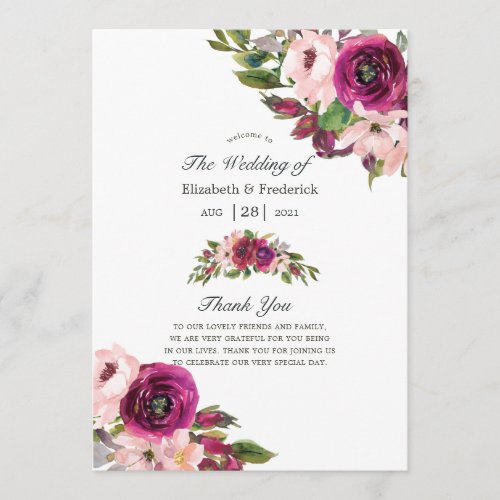Watercolor Marsala and Blush Floral Wedding Program