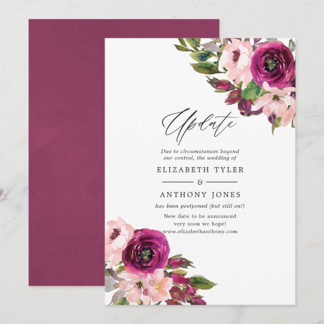 Watercolor Marsala and Blush Floral Wedding Update Invitation (Front/Back)