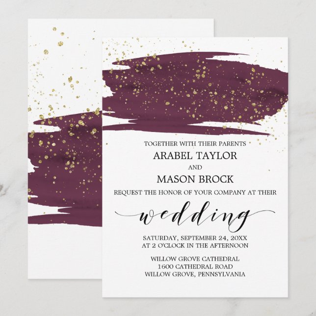 Watercolor Marsala and Gold Sparkle Wedding Invitation (Front/Back)