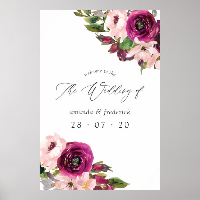 Watercolor Marsala & Blush Floral Wedding Welcome Poster (Front)