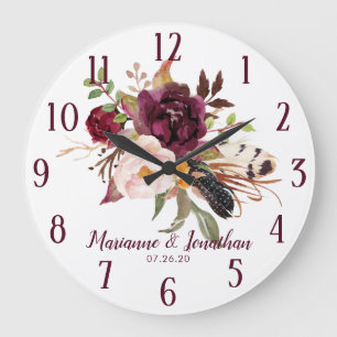 Watercolor Marsala Boho Watercolor Floral Wedding Large Clock