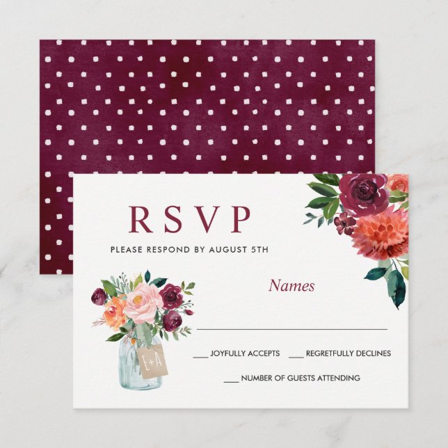 Watercolor Marsala Burgundy Mason Jar Floral RSVP (Front/Back)