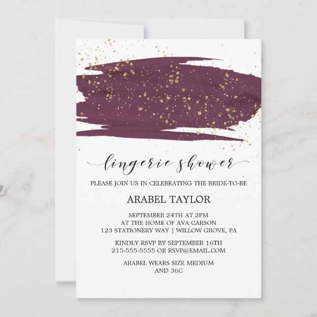 Watercolor Marsala & Gold Sparkle Lingerie Shower Invitation (Front)