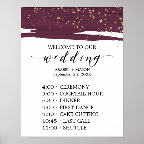 Watercolor Marsala  Gold Sparkle Order of Events Poster