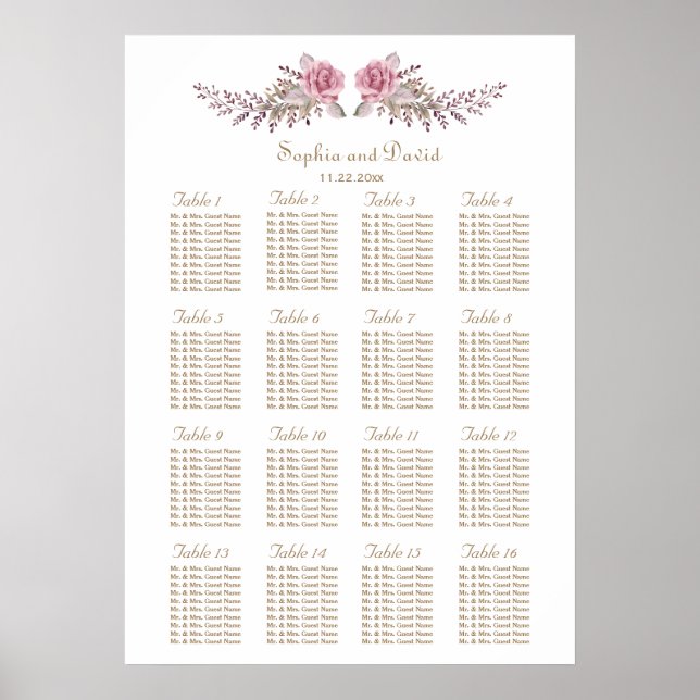 Watercolor Marsala Maroon Floral Seating Chart (Front)