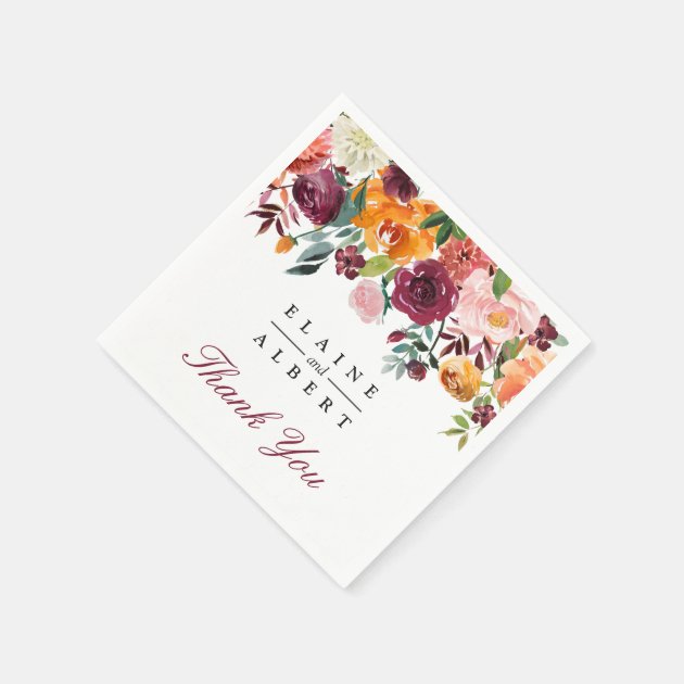 Watercolor Marsala Pink Flowers Wedding Paper Paper Napkin
