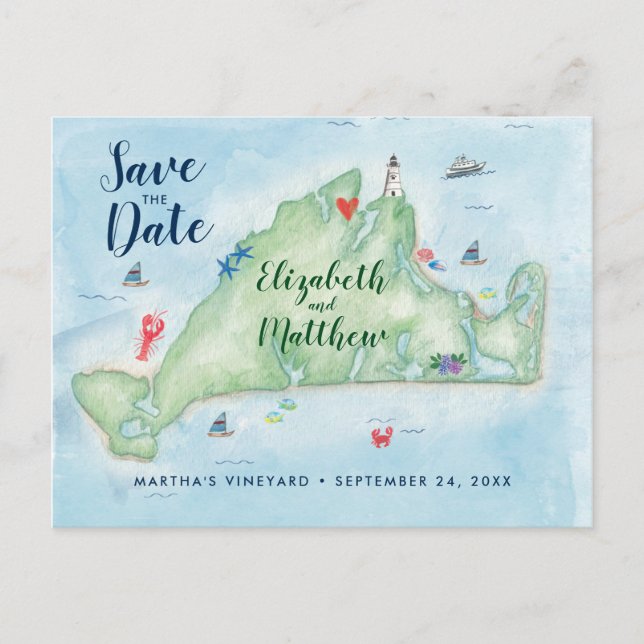 Watercolor Marthas Vineyard Map Save the Date Announcement Postcard (Front)