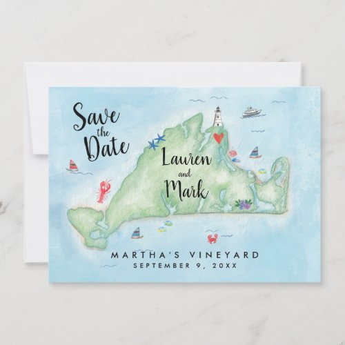 Watercolor Marthas Vineyard Map Save the Date Invitation
