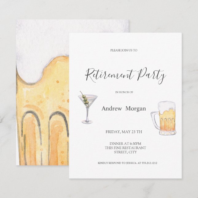 Watercolor Martini,Beer Retirement Party Invitation (Front/Back)