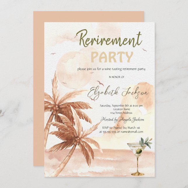 Watercolor Martini Glass Rustic Palms Retirement  Invitation (Front/Back)