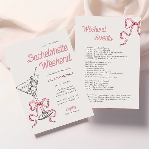 Watercolor Martini Pink Bow Bachelorette Weekend Invitation