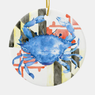 Watercolor maryland flag and blue crab ceramic ornament