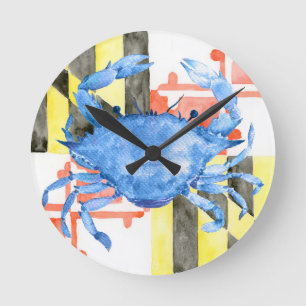 Watercolor maryland flag and blue crab round clock