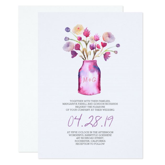 Watercolor Mason Jar And Purple Flowers Wedding Invitation