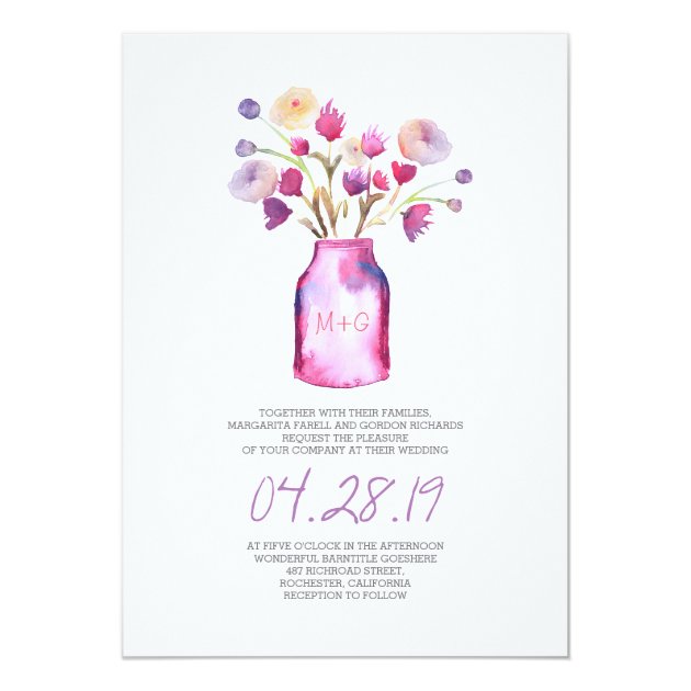 Watercolor Mason Jar And Purple Flowers Wedding Invitation