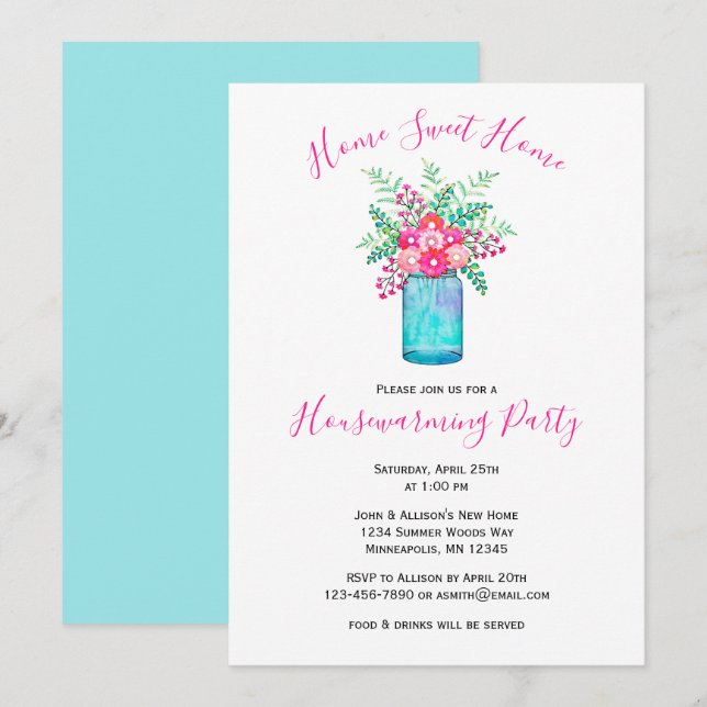 Watercolor Mason Jar Bouquet | Floral Housewarming Invitation (Front/Back)