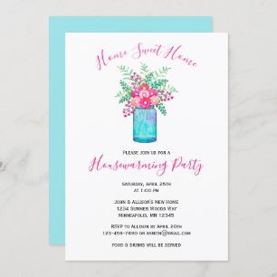 Watercolor Mason Jar Bouquet Floral Housewarming Invitation