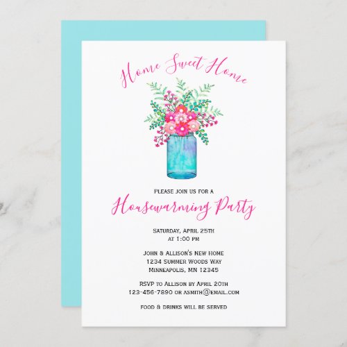 Watercolor Mason Jar Bouquet  Floral Housewarming Invitation