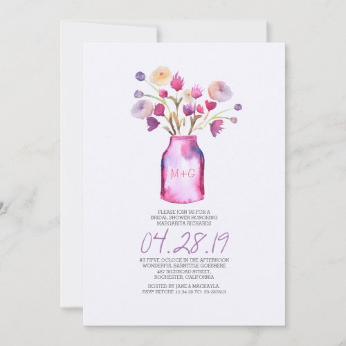 Watercolor mason jar floral bridal shower invitation