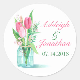 Watercolor Mason Jar Tulips Wedding Favor Sticker