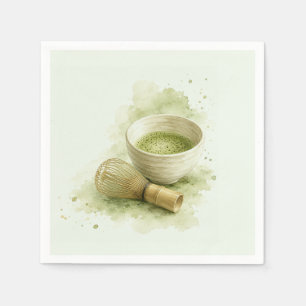 Watercolor Matcha Bowl and Bamboo Whisk Sage Green Napkins