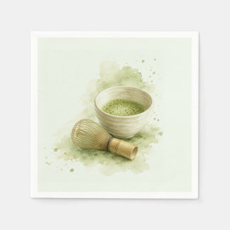 Watercolor Matcha Bowl and Bamboo Whisk Sage Green Napkins