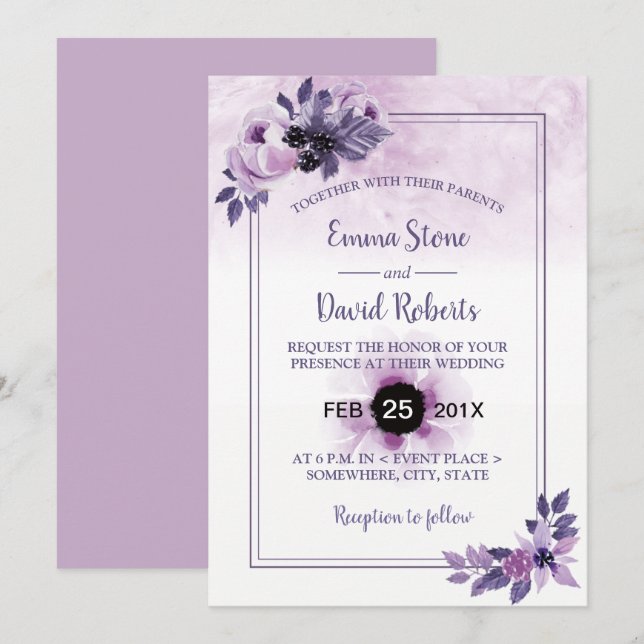 Watercolor Mauve Floral Elegant Spring Wedding Invitation (Front/Back)
