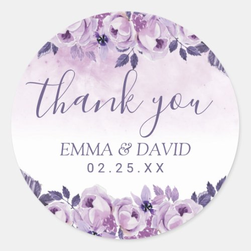 Watercolor Mauve Floral Elegant Wedding Thank You Classic Round Sticker