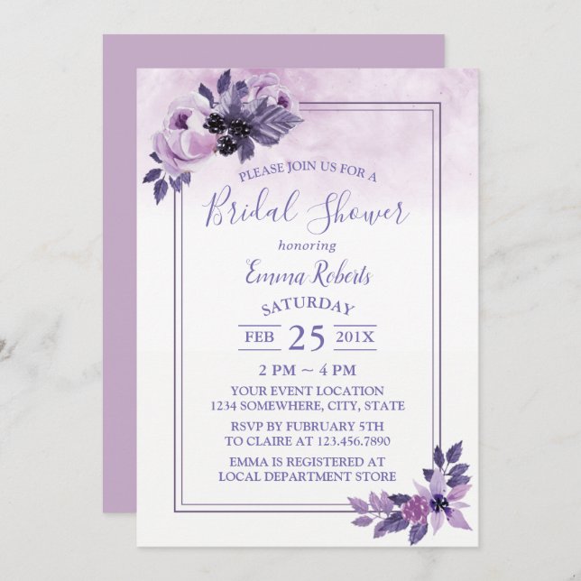 Watercolor Mauve Floral Spring Bridal Shower Invitation (Front/Back)