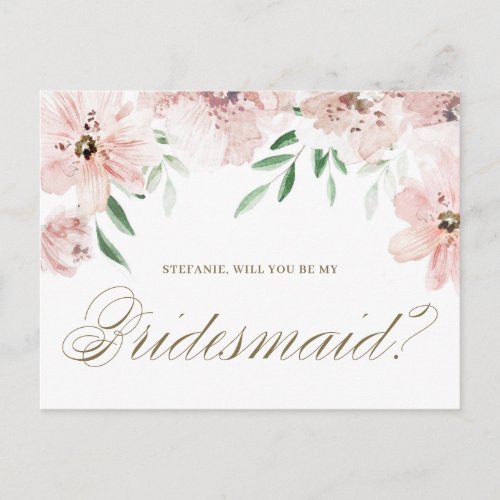Watercolor Mauve Floral WIll You Be My Bridesmaid Postcard