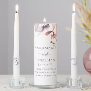 Watercolor Mauve Pink Dusty Purple Floral Leaves Unity Candle Set
