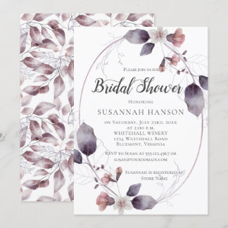 Watercolor Mauve Pink Flowers Leaves Bridal Shower Invitation