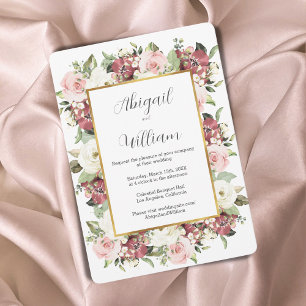 Watercolor Mauve Pink Green Florals Gold Wedding Invitation